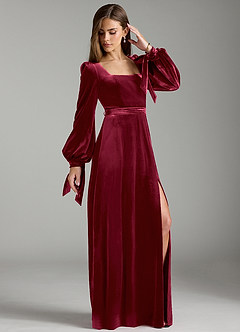 Azazie Leonia Bridesmaid Dresses Burgundy A-Line Long Sleeve Velvet Dress image4