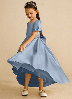 Azazie Zippy Blumenmädchenkleider A-Linie mit ärmel Matte Satin Kleid Staubblau image4