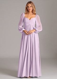 Azazie Bailee Vestidos de damas de honor Vestido de Lila Esmerilada de Gasa de Corte en A con Manga larga image6