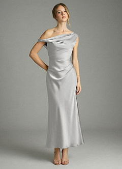 Azazie Emerson Robes de demoiselle d'honneur Robe Sirène en Satin extensible Épaule décolletée Argent image1