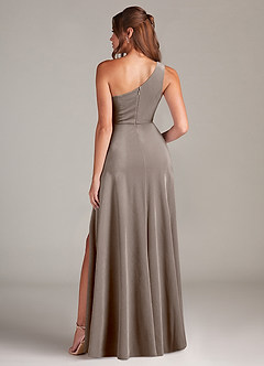 Azazie Brooke Bridesmaid Dresses Silver Taupe A-Line One Shoulder Velvet Dress image5