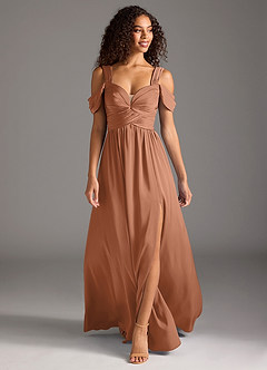 Azazie Lianne Bridesmaid Dresses Bronzer A-Line Off the Shoulder Stretch Satin Dress image2