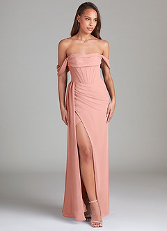 Azazie Amyra Bridesmaid Dresses Rosette Sheath Off the Shoulder Chiffon Convertible Dress image3