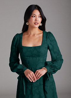 Azazie Leonia Bridesmaid Dresses Pine A-Line Long Sleeve Floral Burnout Dress image6