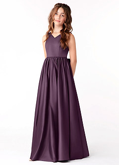Azazie Hathaway Junior Vestido Ameixa de Cetim elástico de Linha A com Arco image3