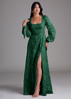 Azazie Leonia Bridesmaid Dresses Dark Green A-Line Long Sleeve Floral Burnout Dress image4