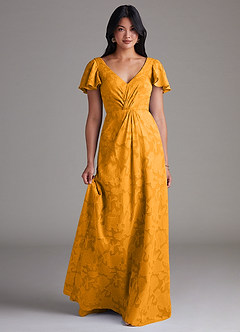 Azazie Soren Brautjungfernkleider A-Linie Plissee Blumen-Burnout Kleid Butterscotch image1