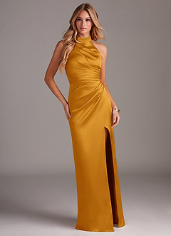 Azazie Jemma Bridesmaid Dresses Butterscotch Sheath Pleated Stretch Satin Dress image3