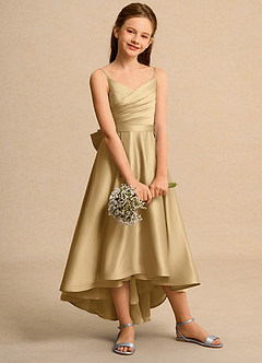 Azazie Sweets Girls Formal Flower Girl Dresses Gold A-Line Pleated Matte Satin Dress image5