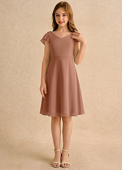 Azazie Narin Girls Formal Robe Demoiselle D'honneur Fillette Robe Trapèze en Mousseline de soie avec manches Bronze image4