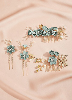 front Blue Floral Hair Comb Set