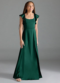 Azazie Bondi Junior Emerald A-Line Side Slit Stretch Satin Dress image3