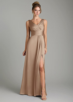 Azazie Karina Bridesmaid Dresses Taupe A-Line Pleated Stretch Satin Dress image6