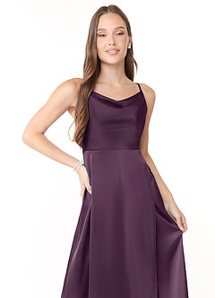 Azazie Naomie Bridesmaid Dresses Plum A-Line Cowl Neckline Side Slit Stretch Satin Dress image5