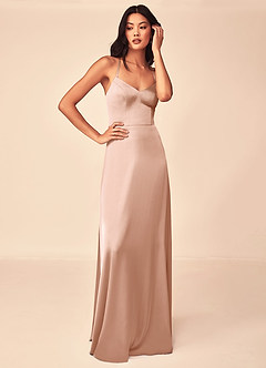 Azazie Mei Robes de demoiselle d'honneur Robe Trapèze en Satin extensible Col en V Or Rose image5