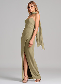 Azazie Calandra Bridesmaid Dresses Moss Green Sheath Pleated Chiffon Dress image4