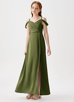 Azazie Ocean Junior Olive A-Line Off the Shoulder Stretch Satin Dress image5