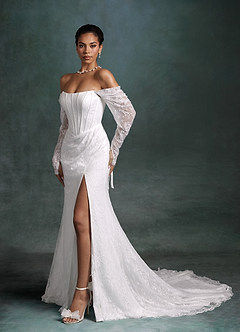 Azazie Zelda Wedding Dresses Diamond White Mermaid Side Slit Lace Dress image5