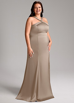 Azazie Rue Bridesmaid Dresses Taupe Mermaid Pleated Stretch Satin Dress image12