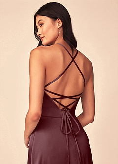 Azazie Mei Bridesmaid Dresses Sangria A-Line V-Neck Stretch Satin Dress image3