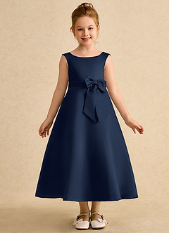 Azazie Eve Blumenmädchenkleider A-Linie Plissee Matte Satin Kleid Dunkelmarine image4