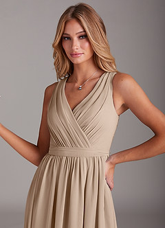 Azazie Kingsley Bridesmaid Dresses Taupe A-Line Lace Chiffon Dress image6