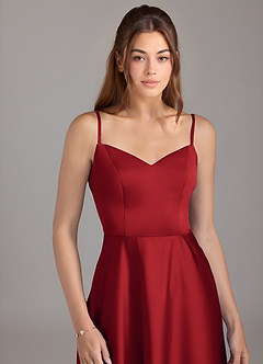 Azazie Marley Bridesmaid Dresses Pomegranate A-Line Off the Shoulder Stretch Satin Convertible Dress image2