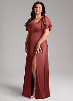 Azazie Fyona Robes de demoiselle d'honneur Robe Trapèze en Satin extensible Plissé Terracotta image3