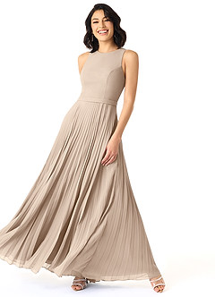Azazie Lindie Robes de demoiselle d'honneur Robe Trapèze en Mousseline de soie Plissé à encolure dégagée Taupe image3