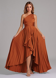 Azazie Lyrica Robes de demoiselle d'honneur Robe Trapèze en Satin extensible Ue épaule Cannelle image6