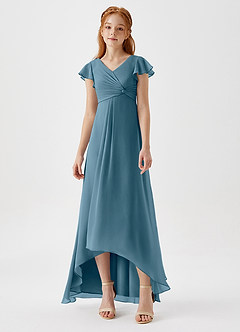 Azazie Breanne Junior A-Linie Chiffon Kleid Bermudablau image4