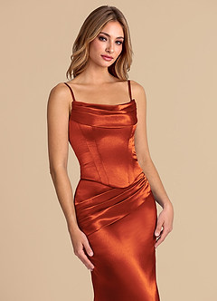 Azazie Sorrel Vestidos de madrinha de casamento Vestido Páprica de Cetim Metálico de sereia com Espartilho image7