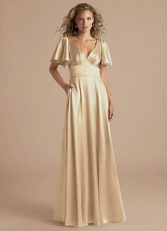 Azazie Kimber Bridesmaid Dresses Champagne A-Line Ruched Metallic Satin Dress image1