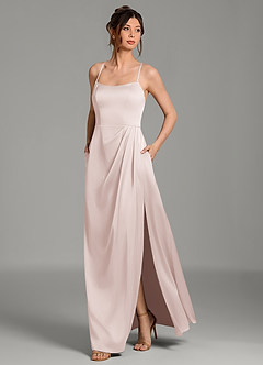 Azazie Frankie At-home Try On Dresses Blushing Pink A-Line Pleated Stretch Satin Dress image3