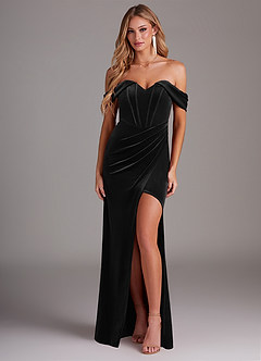 Azazie Jas Bridesmaid Dresses Black Sheath Off-The-Shoulder Corset Velvet Convertible Dress image1