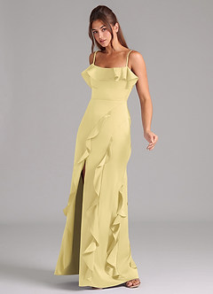 Azazie Malia Bridesmaid Dresses Lemon Sorbet A-Line Side Slit Stretch Satin Dress image4