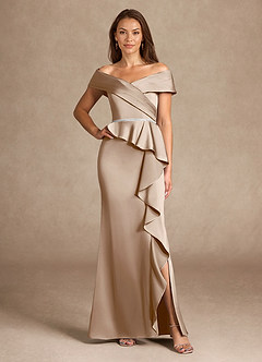 Azazie Dareia Mère de la mariée Robes Robe Sirène en Satin extensible Épaule décolletée Taupe image1