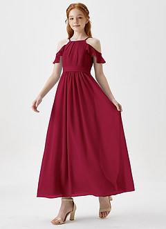 Azazie Chaya Junior Burgundy A-Line Off the Shoulder Chiffon Dress image5
