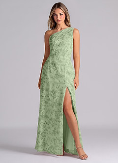 Azazie Phaedra Bridesmaid Dresses Green Fern Floral A-Line One Shoulder Chiffon Dress image1