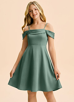 Azazie Anselie Junior Eucalyptus A-Line Off the Shoulder Stretch Satin Dress image5