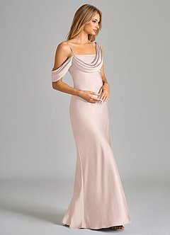 Azazie Celina Bridesmaid Dresses Blushing Pink Sheath Off the Shoulder Stretch Satin Dress image4