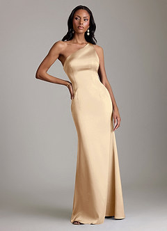 Azazie Voni Robes de demoiselle d'honneur Robe Sirène en Satin extensible Une épaule Champagne image5