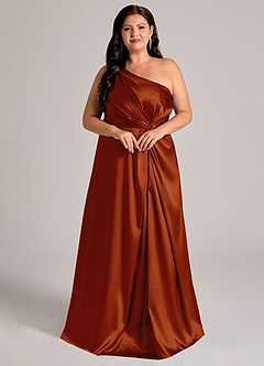 Azazie Brooke Bridesmaid Dresses Auburn A-Line One Shoulder Metallic Satin Dress image11