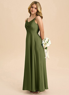 Azazie Bug Junior Olive A-Line Pleated Stretch Satin Dress image7