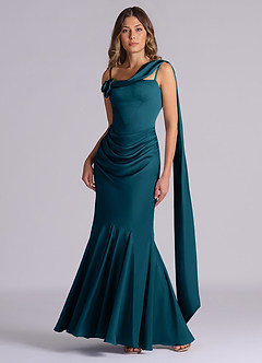 Azazie Inara Robes de demoiselle d'honneur Robe Sirène en Satin extensible Plissée Bleu Encre image4