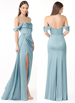 Azazie Amyra Bridesmaid Dresses Moody Blue Sheath Off the Shoulder Stretch Satin Convertible Dress image8