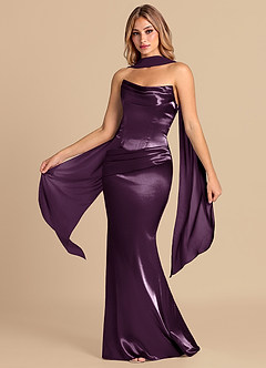 Azazie Sorrel Bridesmaid Dresses Plum Mermaid Corset Metallic Satin Convertible Dress image1