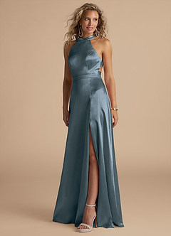 Azazie Clarice Robes de demoiselle d'honneur Robe Trapèze en Satiné métallisé Col Haut Violet Crépusculaire image1