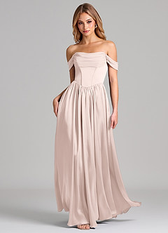 Azazie Raisa Bridesmaid Dresses Blushing Pink A-Line Off the Shoulder Stretch Satin Dress image3