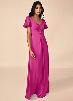 Azazie Soren Bridesmaid Dresses Fuchsia A-Line Pleated Stretch Satin Dress image4